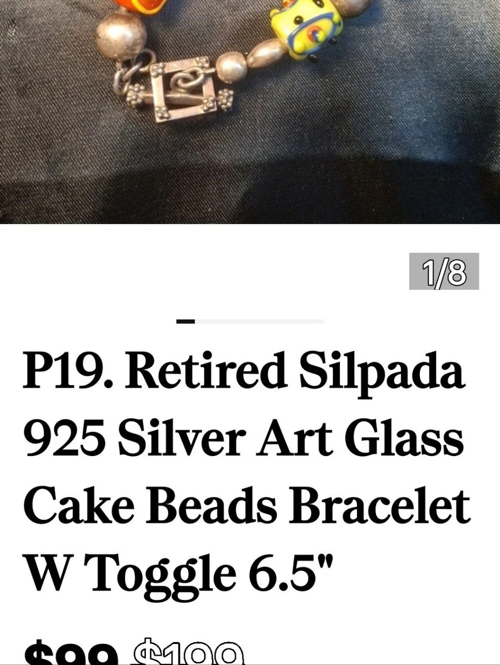 Silpada Retired 925 Cake Glass Beads Vtg Bracelet 7.75